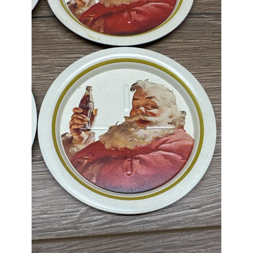 VTG 1983 Ohio Art Metal Coca Cola Santa Coasters Set of 6 Holiday Retro Barware